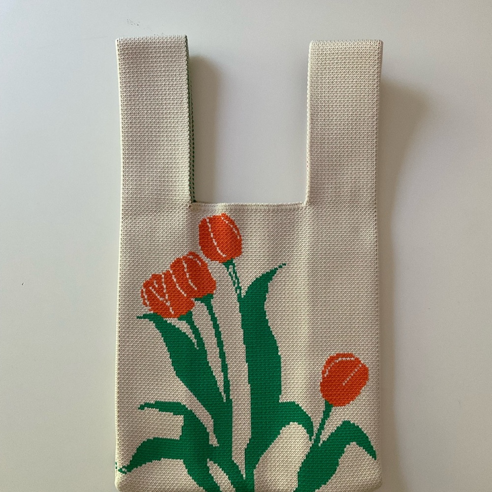 NEW Knit Woven Stretchy Fabric Bag Small Purse Handles Wrist Loop Tulips